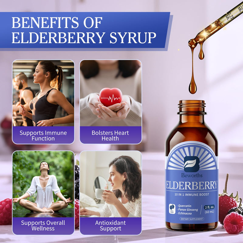 2 Pack Elderberry Syrup Black Elderberry Drops with Quercetin, Panax Ginseng, Vitamin C and Zinc, Sambucus Liquid, Vegan, Non-GMO & Gluten Free 2 Fl Oz (Pack of 2)
