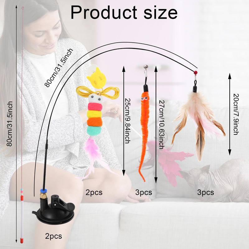 8pcs Cat Feathe Toys, Interactive Cat Toy for Indoor Cats, Suction Cup Cat Toys for Indoor Cats, Replacements Feathers Worm, Hanging Cat String Toy for Bored Indoor Kitten - BeesActive Australia