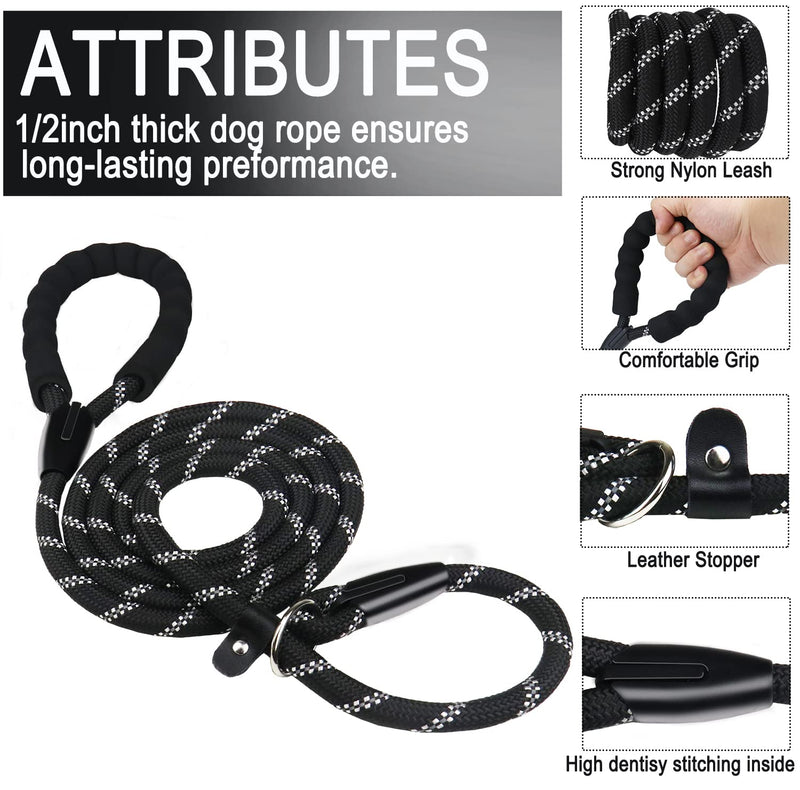 Dog Leash, 6 FT Heavy Duty Dog Leash, Durable Premium Quality Strong Rope Slip Leash with Comfortable Padded Handle and Highly Reflective Threads for Small Medium and Large Dogs, (Black) Black 6 Feet x 1/2 Inch - BeesActive Australia