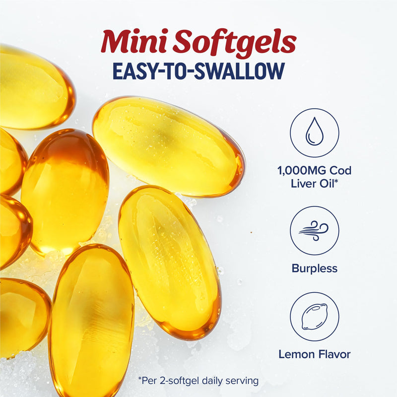 Cod Liver Oil Softgels 1000MG, Omega 3 + VIT A & D3, Wild Caught, Icelandic | Molecularly Distilled, Third-Party Tested, EPA DHA Omega 3 Supplement for Bone Eye & Immune Health, 60 Cod Liver Oil Softgels