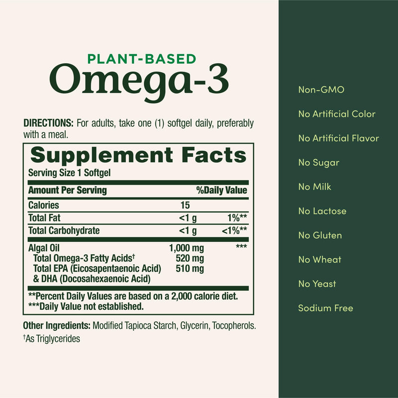 Nature's Bounty Omega 3, Plant-Based Omega 3 Fatty Acid Supplement, 520mg, Supports Whole Body Health Including Heart, Skin, Joint, 30 Vegetarian Softgels, Fish Oil Alternative (Pack of 2) 30 Count (Pack of 2)