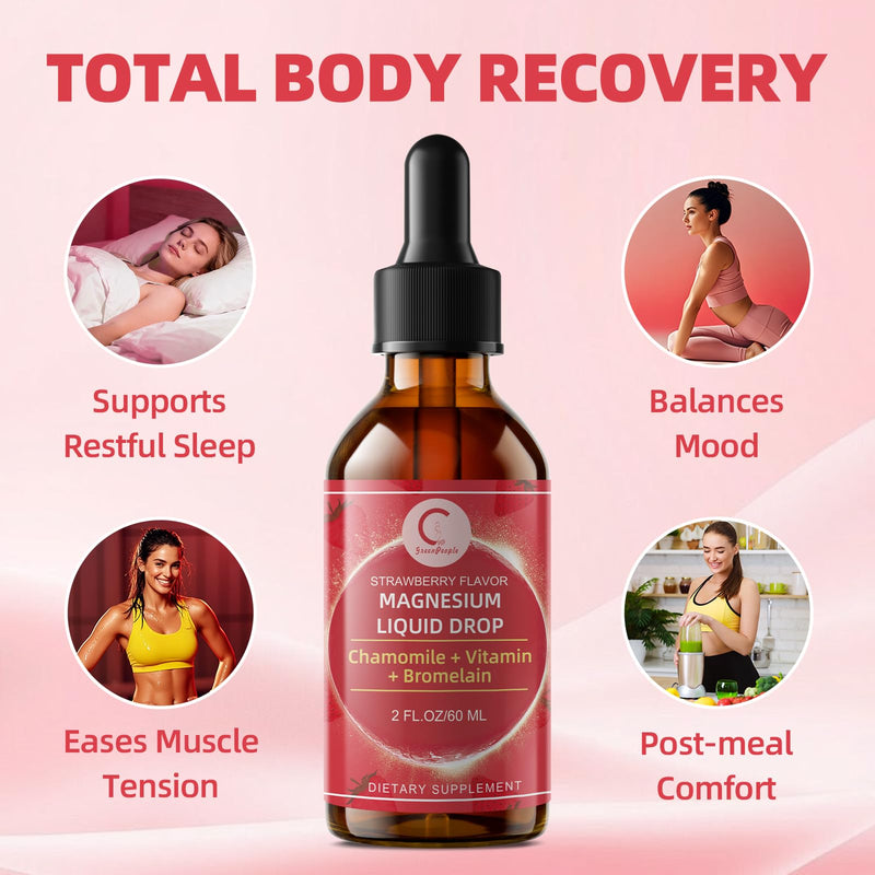 Magnesium Glycinate Liquid Drops for Stress Relief and Digestive Comfort | Magnesium Glycinate Liquid, Fast Absorption, Non-GMO, Vegan Formula, Sugar Free, Strawberry Flavor, 2 Fl OZ