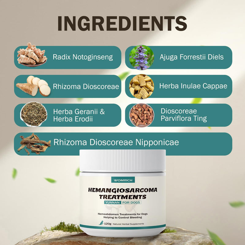 Blood Support Powder for Dogs, Natural Yunnan Sanqi Powder for Hemangiosarcoma, Hemoabdomen, Pericardial Effusion, Cancer Bleeding, Severe Bruising, Ulcer-Related Bleeding, Bloody Stools - 120g