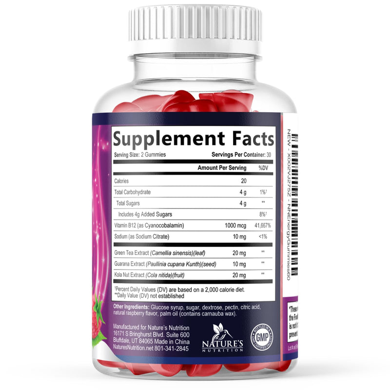 Energy Gummies - Vitamin B12 1000 mcg Per Serving - Daily Energy Chews with Natural Caffeine from Green Tea, Berry Flavored B12 Gummy Exercise Supplement for Running Cycling & Sports - 60 Gummies 60 Count (Pack of 1)