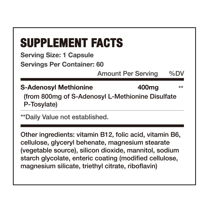 7c Sam e 400mg Supplement with Vitamin B6, B12, 60 Enteric Coated Capsules | Sam-e 400mg (S-Adenosylmethionine) with Vitamin B6, B12, Support Mood, Liver and Joint, Vegan, Non-GMO, Gluten-Free