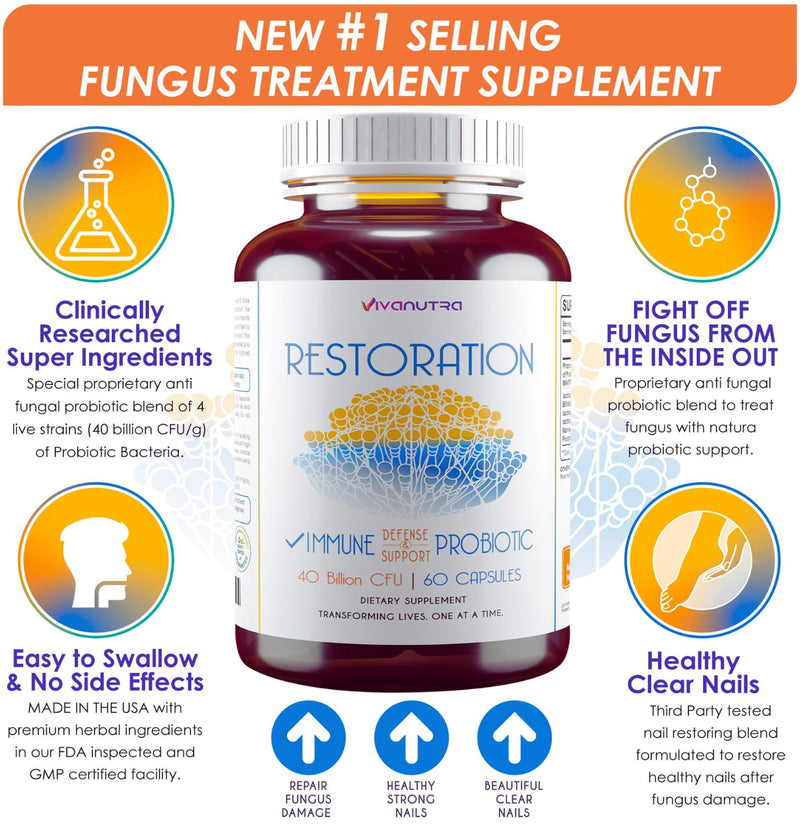 Restoration Toenail Fungus Treatment Probiotic Pills - Nail Fungus Treatment For Toenail, fungus Fungi Foot Repair Extra strength, Intensive Toe Nail renewal feet Fungus Supplement - Month Supply 60ct - BeesActive Australia