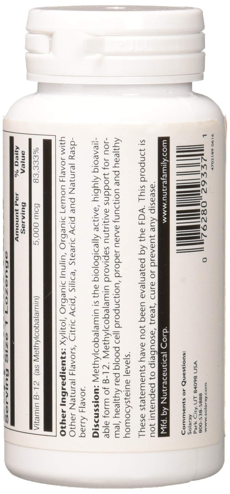 SOLARAY Methyl B12, Lozenge, Lemon (Btl-Plastic) | 5000mcg 60ct Natural Lemon-Raspberry