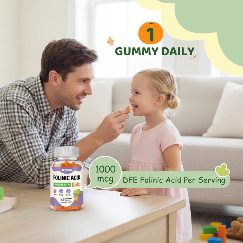 ABYSSUS Kids Folinic Acid Gummies with B6 & B12, Sugar-Free, 60 Count | Brain, Focus, Energy & Healthy Growth Support with Active B6 (P5P) & Methyl B12, Methylation Folate Supplement, Non-GMO