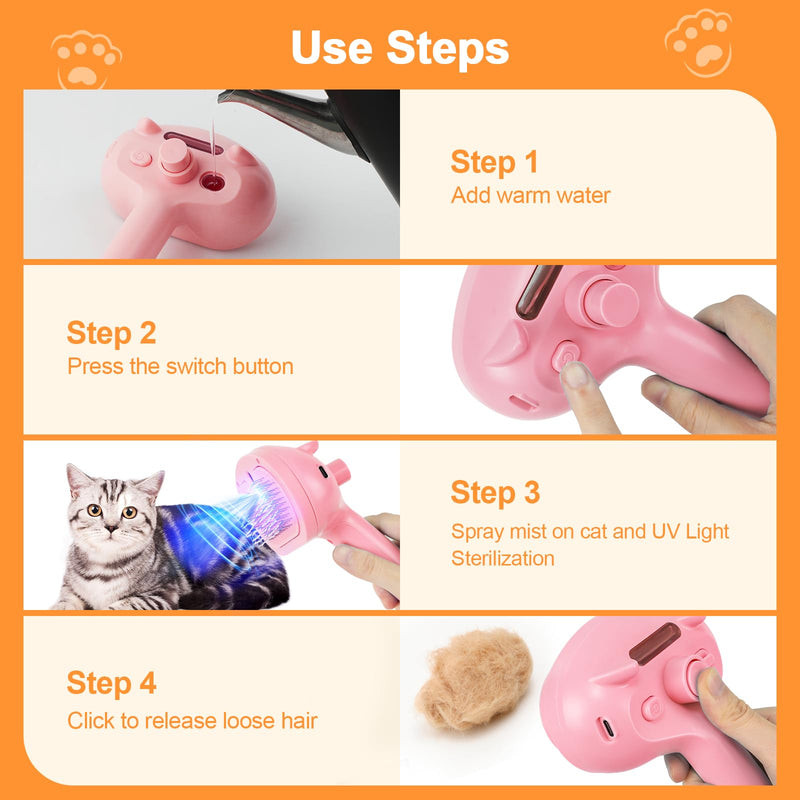 Cat Steam Brush for Shedding, 4 in 1 Steamy Cat Brush with Release Button, Self Cleaning Metal Pet Misting Hair Comb with Long Handle for Grooming Indoor Kitten Dogs(Pink) Pink - BeesActive Australia