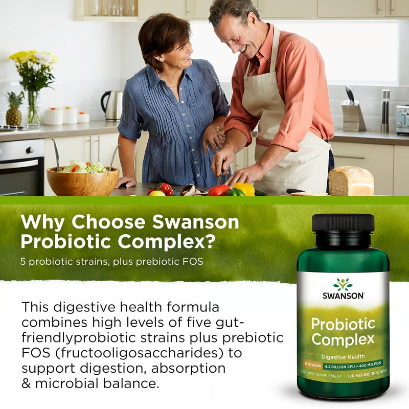 Swanson Probiotic Complex 4.2 Billion CFU, 120 Veg DRcaps, 2 Pack | 5-Strain Probiotic Complex with Prebiotic FOS to Support Digestive Health, Fat Metabolism, Satiety and Nutrient Absorption 120 Veggie DRcaps (2 Pack)