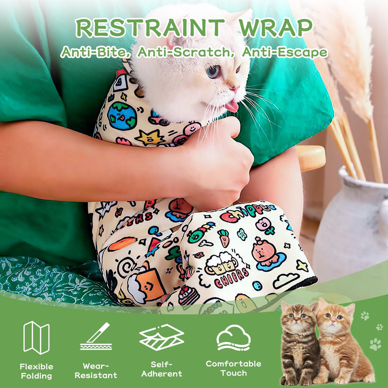 Cat Grooming Wrap, Cat Wrap for Cutting Nails and Grooming, Cat Restraint Wrap for Nail Clipping, Self-Adhesive Fabric Cat Swaddle Burrito Wrap, Anti-Bite, Anti-Scratch, Anti-Escape (M(Within 9.9lbs)) Medium - BeesActive Australia