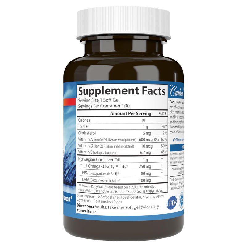 Carlson Cod Liver Oil Gems, Super 1000 mg, 250 mg Omega-3s, 100 Softgels | 400 IU (10 mcg) Vitamin D3; Wild Caught Norwegian Arctic Cod Liver Oil; Nordic Fish Oil Capsules 100 Count (Pack of 1)