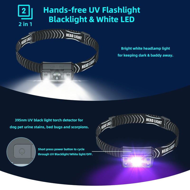 COSOOS 2IN1 UV Headlamp Flashlight Black Light, Rechargeable LED Hand Free Blacklight 395nm Mini Headlight with White & Ultraviolet Light, Detector for Pet Dog Cat Urine Stain,Bed Bug,Scorpions Finder 1 - BeesActive Australia