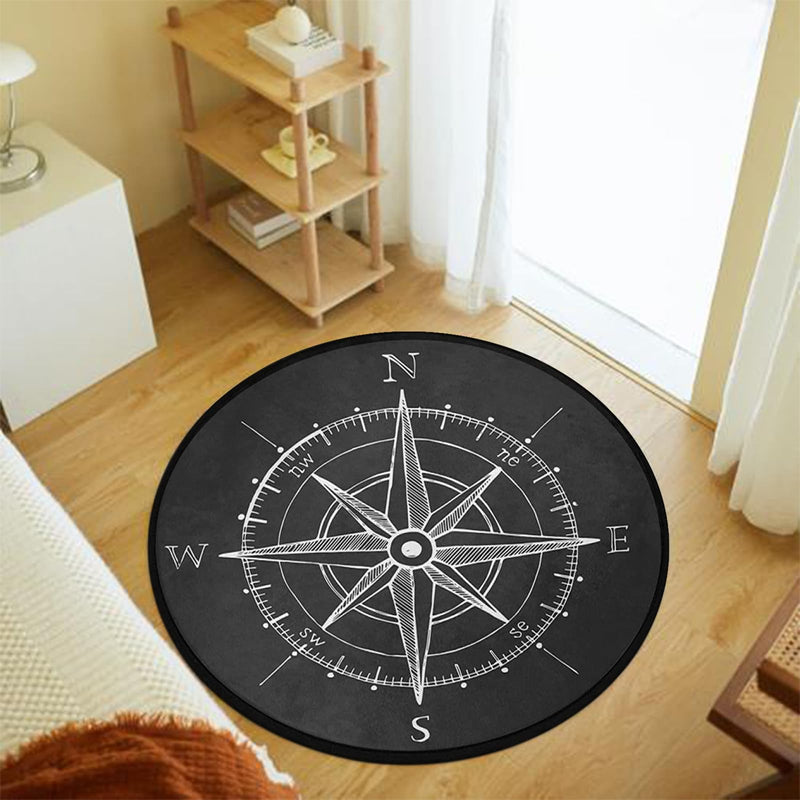 keepcute Vintage Wind Rose Compass Black Round Area Rug for Bedroom Living Room Study Playing,Non-Slip Round Floor Mat Carpet,4 ft 4' (Round)