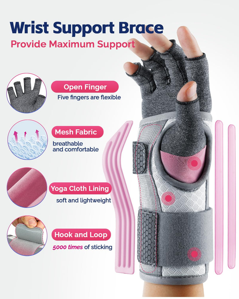 FEATOL Arthritis Glove for Women for Pain with Carpal Tunnel Wrist Brace Set - Fingerless Hand Compression Gloves - Daytime Wrist Support for Rheumatoid Arthritis, Work, Typing - Left Hand, Medium Left Hand-Gray - BeesActive Australia