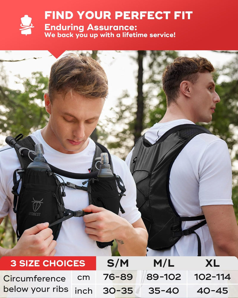 Upgrade Running Hydration Vest 10L, Running Backpack for Women Men Multi-Functional Storage, Adjustable Water Vest for Trail Marathon Race Jogging Cycling Black with 2L Bladder ML (Chest Size:35-40inch)