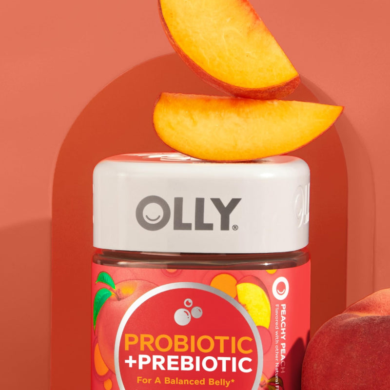 OLLY Probiotic + Prebiotic Gummy,Digestive Support and Gut Health,500 Million CFUs,Fiber,Adult Chewable Supplement for Men and Women,Peach,60 Day Supply -,60 Count (Pack of 2) 60 Count (Pack of 2) Nutritional Supplement