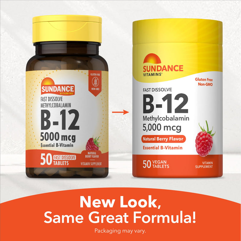 Sundance Vitamin B12 Fast Dissolve Tablets | 5000 mcg | 50 Count | as Methylcobalamin | Natural Berry Flavor | Vegan, Non-GMO, and Gluten Free Supplement