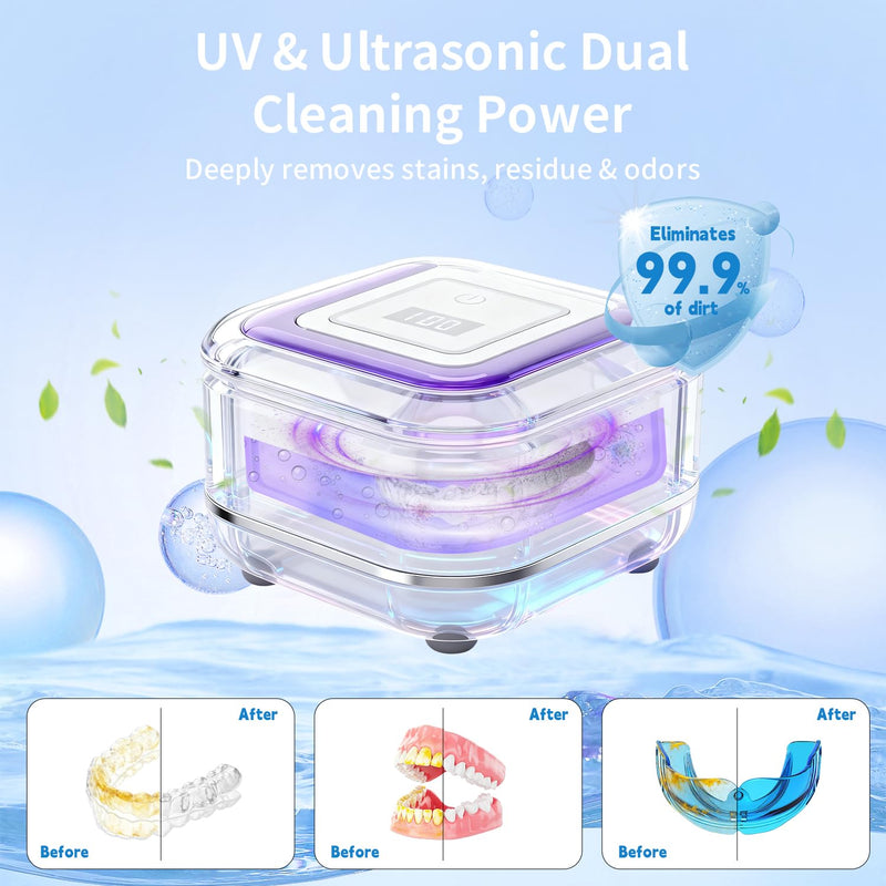 Ultrasonic Retainer Cleaner for Aligners, Mouth Guards & Dentures, 42kHz Compact Ultrasonic Denture Cleaner with Digital Timer, Portable Dental Cleaner for Home & Travel (White)