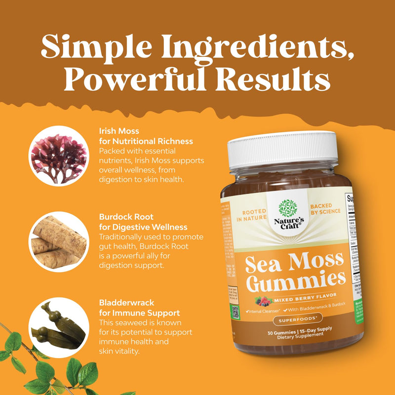 Sea Moss Gummies for Adults and Kids - Vegan Adult and Kids Immune Support Gummies with Burdock Bladderwrack Sea Moss Gel - Delicious Berry Flavor Supplement Men Women Children - 30 Count 30 Count (Pack of 1)