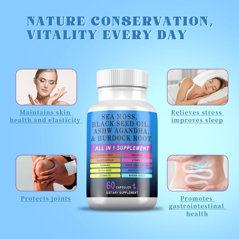 Sea Moss Black Seed Oil Ashwagandha Turmeric Bladderwrack Burdock, Elderberry Manuka Dandelion, Burdock Root Turmeric Vitamin D3 Chlorophyll - 60 Capsules