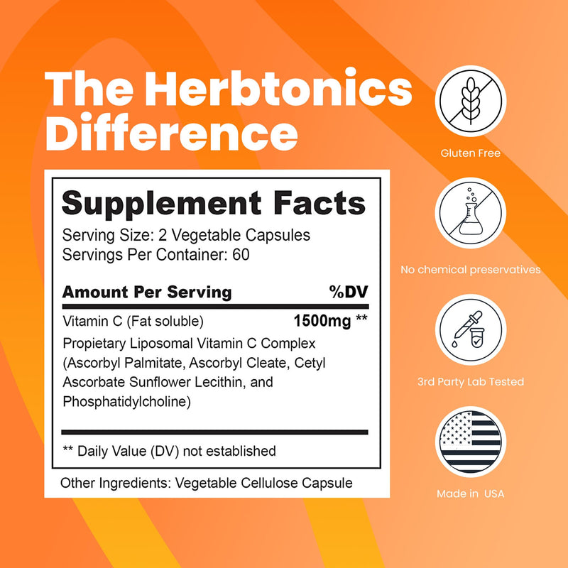 Herbtonics Liposomal Vitamin C Capsules 1500mg Immune Support Supplement | Immune System Health | High Absorption Vitamin C | Contains Collagen | 120 Vegan Capsules Non-GMO (Pack of 2) 120 Count (Pack of 2)