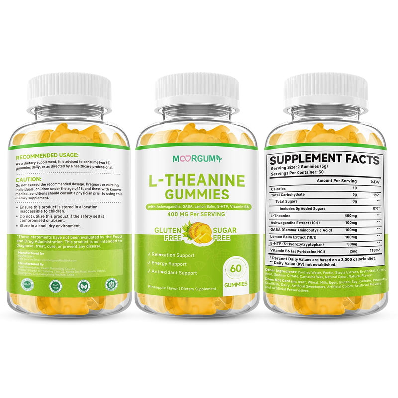 L-Theanine Gummies, 400mg l'theanine Chewable Supplement with Ashwagandha, GABA, Lemon Balm, 5-HTP, Vitamin B6, Support Zzz, Relax & Emotion, Vegan, Non-GMO, Sugar Free, Pineapple Flavor, 120 Count