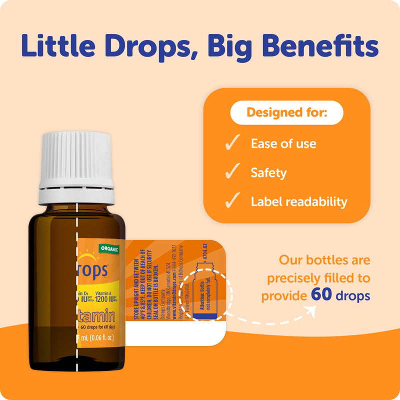 Ddrops® Baby Organic Liquid Vitamins A&D Drops for Infants, 60 Drops. Supports Babies’ Eye Health, Bone Development and Immune Function. Certified Organic, Non-GMOs, Allergy-Friendly 0.06 Fl Oz (Pack of 1)