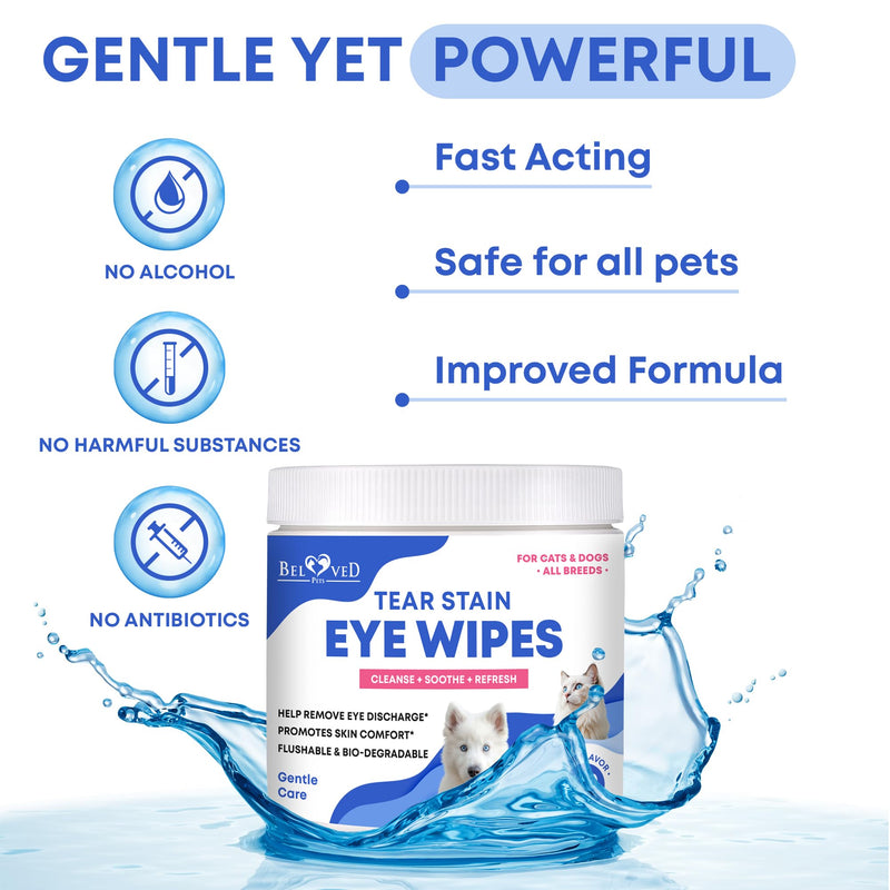 Beloved Pets Pet Eye Wash Drops & Wipes Help Prevent Allergies Symptoms, Infections, Runny, Dry Eyes, Tear Stains - Helps with Abrasions, Irritations - Dirt Crust & Discharge Remover (Eye Wipes) Eye Wipes