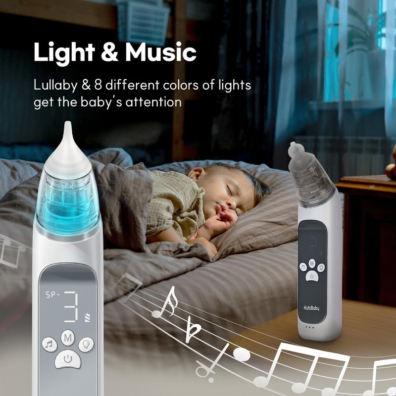 HubiBaby Nasal Aspirator for Baby, Electric Nose Aspirator, Nose Sucker, Automatic Nose Cleaner with 3 Silicone Tips, Adjustable Suction Level, Music and Light Soothing Function - FSA/HSA Eligible