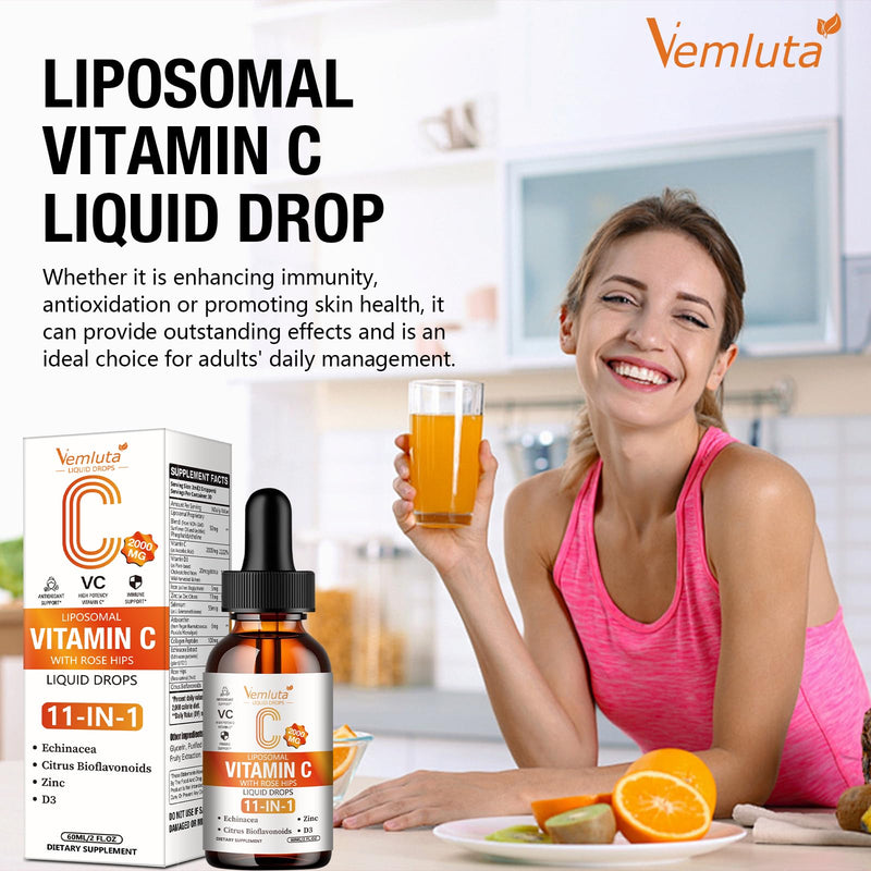 1 Packs Liposomal Vitamin C 2000mg Liquid Drop, High Absorption VC Complex Rose Hips with Echinacea, Citrus Bioflavonoids, Zinc, Vitamin D3 for Immune System & Antioxidant,2 FL Oz 2 Fl Oz (Pack of 1)