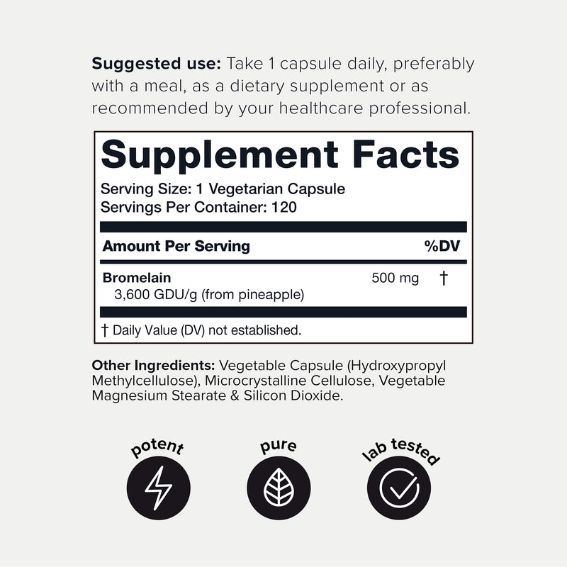 Ultra High Strength Non-GMO Bromelain Capsules - 3600 GDU/Gram - Highly Concentrated and Bioavailable - 500mg Formula - 120 Veggie Capsules - BeesActive Australia