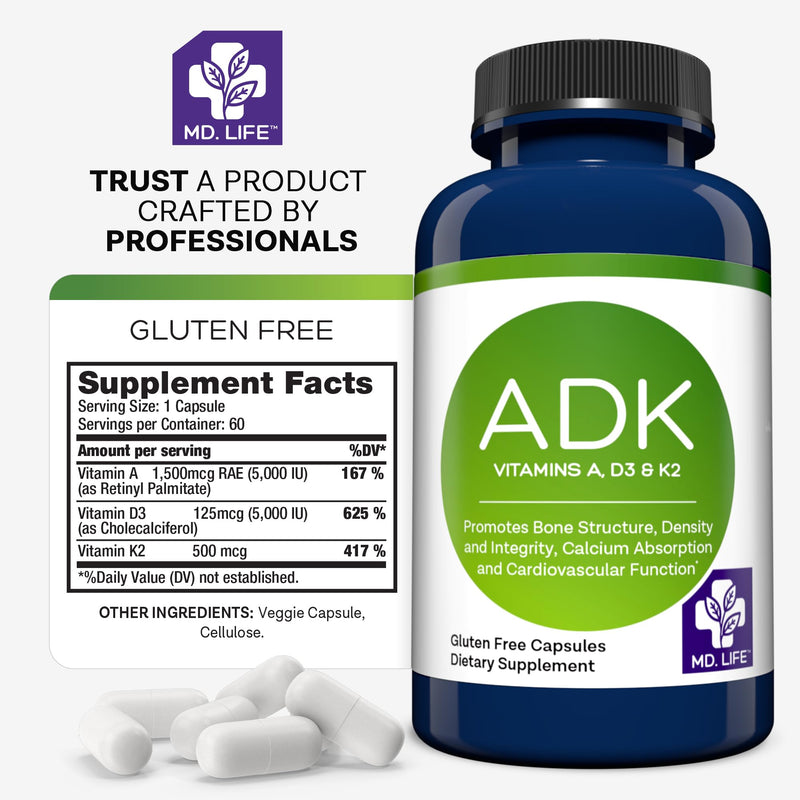 MD. Life ADK Vitamin Supplement, Vitamin D3 K2 and A, 60 Capsules, Non-GMO | High Potency Complex - Bone and Heart Health Support - Doctor Designed - Made in the USA - Gluten Free, Vegetarian 60 Count (Pack of 1)