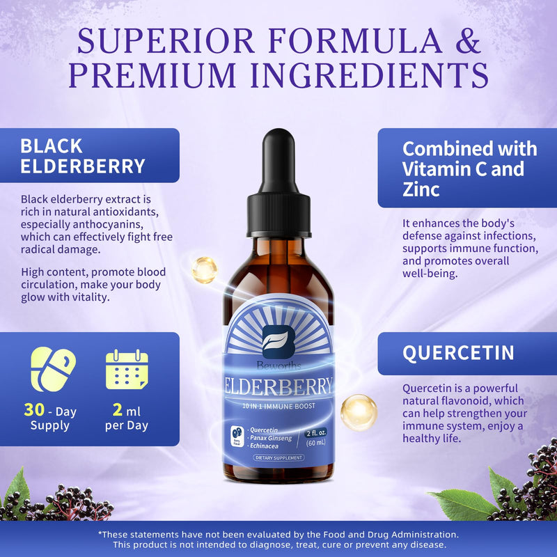 2 Pack Elderberry Syrup Black Elderberry Drops with Quercetin, Panax Ginseng, Vitamin C and Zinc, Sambucus Liquid, Vegan, Non-GMO & Gluten Free 2 Fl Oz (Pack of 2)