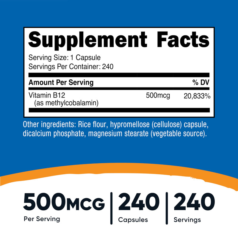 Nutricost Vitamin B12 Supplement (500mcg) 240 Capsules, Methylcobalamin | Vegan, GMO-Free, Gluten-Free