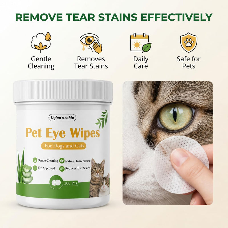 Dylan's cabin Eye Wipes for Cats - 200 Count Soft Round Dogs Eye Cleaning Pads, Alcohol Free pH Balanced Daily Tear Stain Wipes Remove Discharge and Crust pet eye wipes
