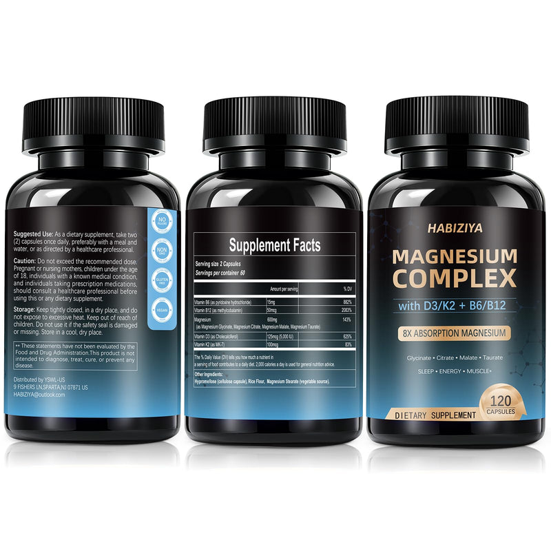 (Pack of 2) Magnesium Complex Supplement 600mg with with D3 K2 MK7 & B Vitamins High Absorption Capsules with Glycinate, Citrate & Malate,Taurate Relaxation,Muscle,Heart Support, Vegan 120 Capsules 120 Count (Pack of 2)