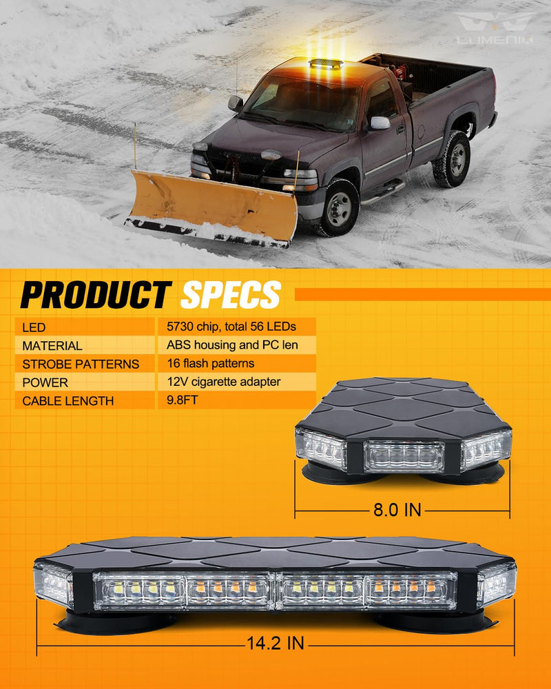 LUMENIX 56 LED Roof Top Strobe Beacon Lights Bar Rooftop Hazard Warning Emergency Safety Flashing Plow Light for Construction Vehicles Tow Commercial Trucks Postal Security Cars Snowplow - Amber White White Amber - BeesActive Australia