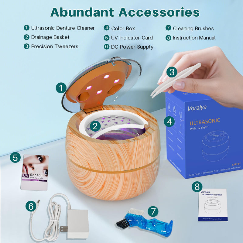 Voraiya Ultrasonic Retainer Cleaner Machine, 360° UV Cleaning Denture Pod, 45kHz Ultrasonic Dental Cleaner Mouth Guard Cleaner for Aligner, Night Guard, Braces, Toothbrush, Jewelry, Ring Wood Color - BeesActive Australia
