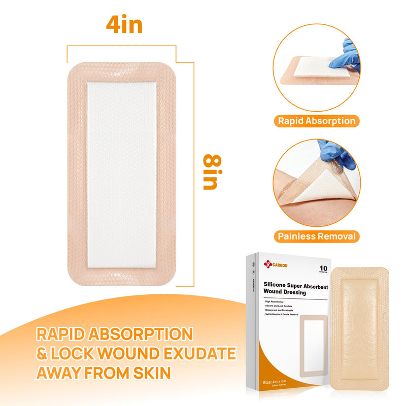 Carbou 4"x 8" Silicone Super Absorbent Wound Dressing, 10 Individual Pack, Self-Adhesive Waterproof Bandage, Soft Highly Absorbent Dressing for Wound Care, Burns, Bedsores, Traumas & Surgical Wounds 4"x8" (Pack of 10) - BeesActive Australia