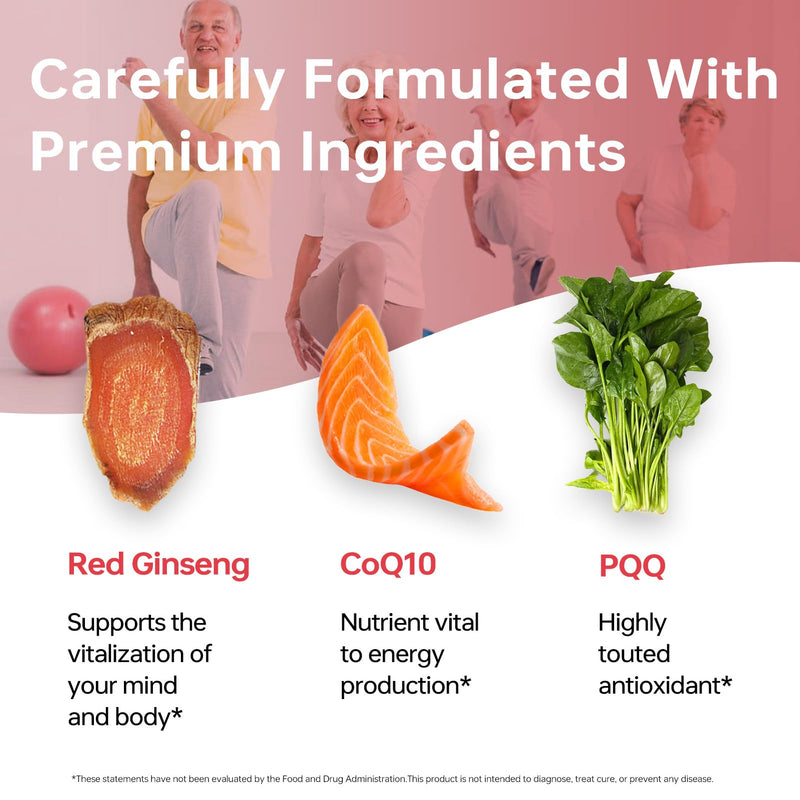 HUJ CoQ10 with Red Ginseng Formula - Heart Health & Energy Production Support with Coenzyme Q10, Red Ginseng Extract, Vitamin E & PQQ - 60 Softgels