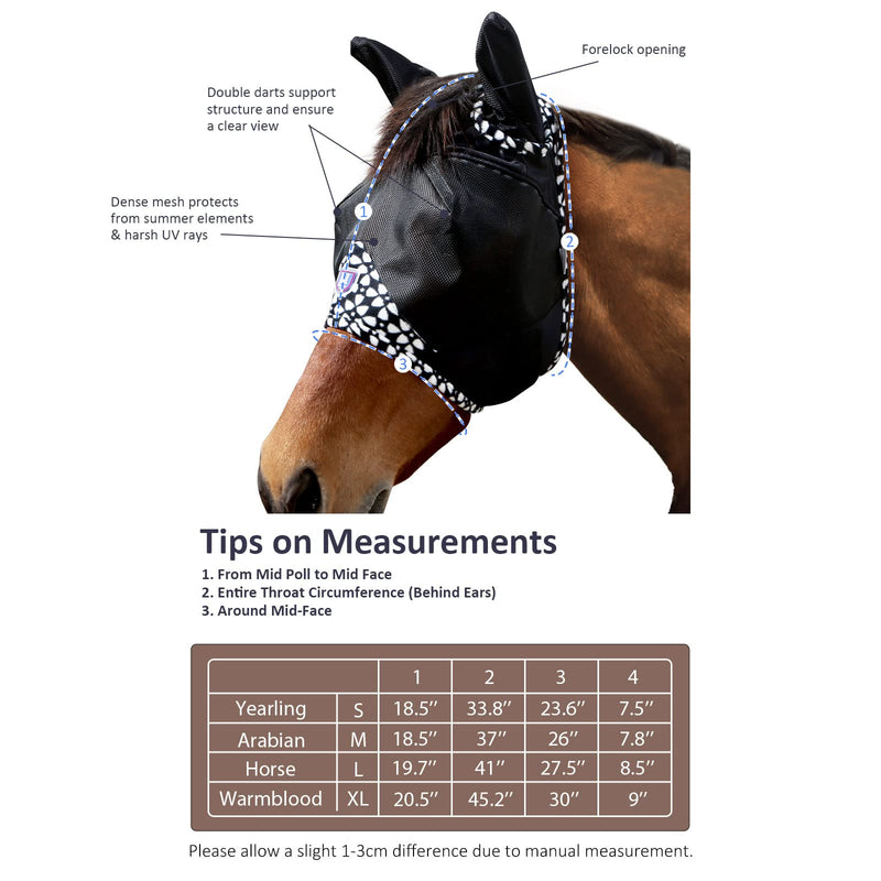 Harrison Howard Horse Fly Mask Half Face with Ears Fleece Edging with Attractive Patterns Adds More Flair Black Horse Large Horse (L) - BeesActive Australia