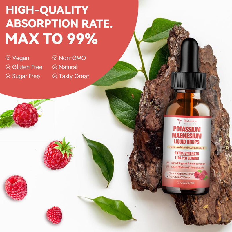 Potassium Magnesium Supplement Liquid Drops - High Absorption Potassium Supplement with Magnesium, Calcium, Vitamin D3 K2, Vegan, Non-GMO Potasio Support Leg Cramps, Bone, Muscle - 2 Fl oz 2 Fl Oz (Pack of 1)