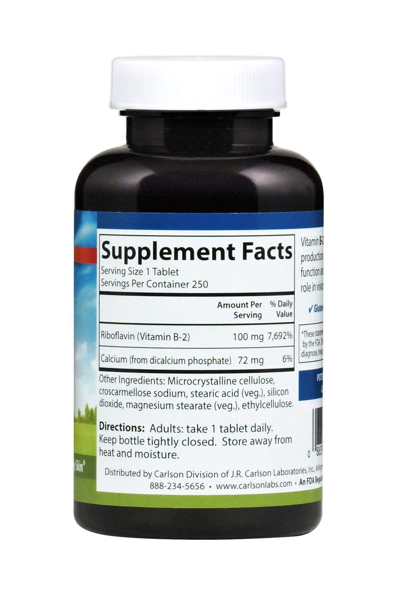 Carlson B-2, 100 mg, Riboflavin, Energy Production, 250 Vegetarian Tablets | Vision Support; Healthy Skin 250 Count (Pack of 1)