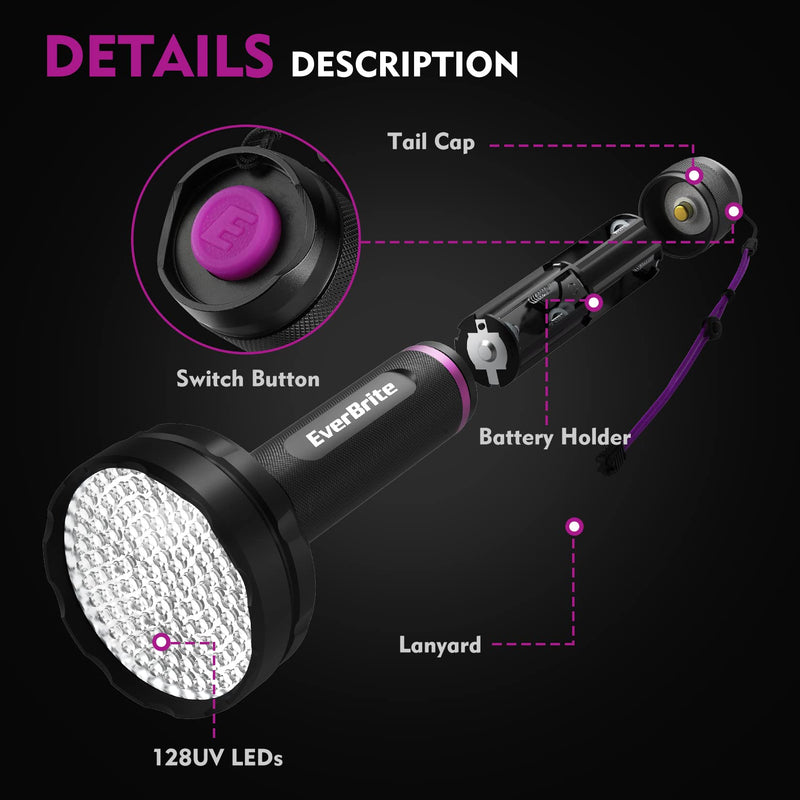 EverBrite UV Flashlight, 128 LED Blacklight Flashlights, 395nm Black Light Flashlight for Pet Urine Detection, Carpet, Scorpions and Bed Bug, Batteries Included