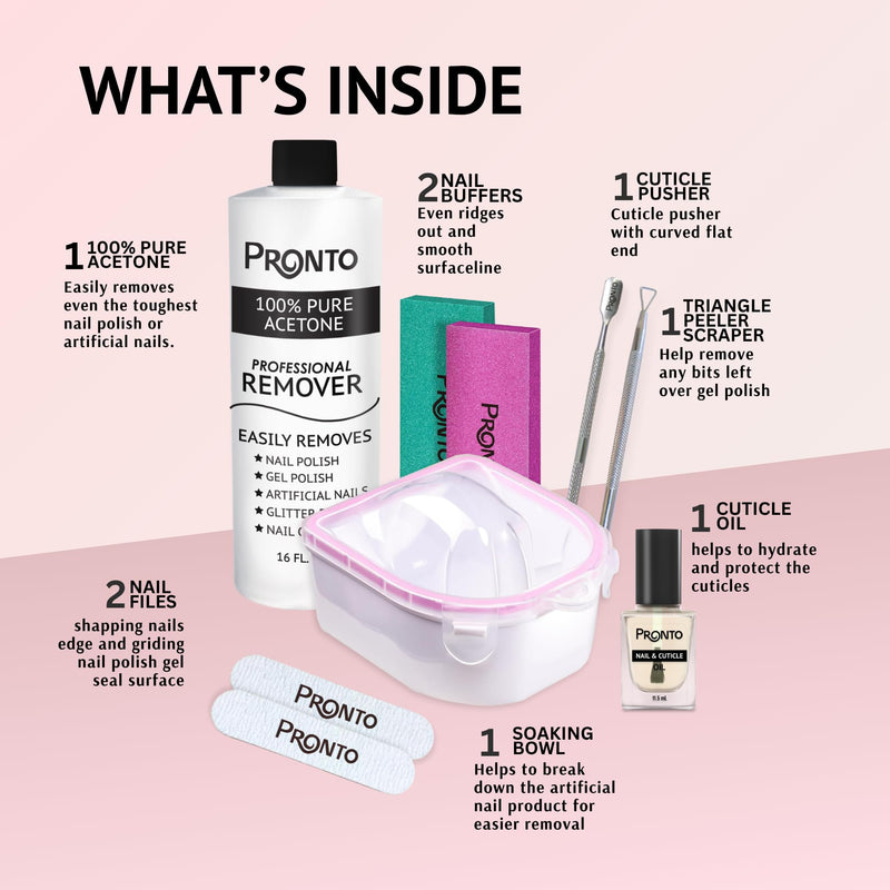 Pronto Gel Nail Polish Remover Kit - 16oz Pure Acetone, Nail Soaking Bowl, Moisturizing Cuticle Oil, Manicure Kit Including Gel Nail Polish Tools, Nail File, Nail Buffer, Cuticle Pusher & Nail Scraper 16 Fl Oz + Kit Bowl - BeesActive Australia