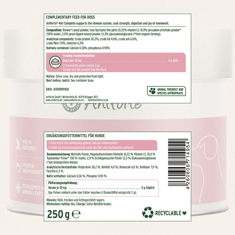 AniForte 4in1 Complete for Dogs 250g - Natural Health Supplement, Supports Joint Care, Digestion, Coat & Skin, With Green-Lipped Mussel & Rosehip, Rich in Vitamins & Minerals