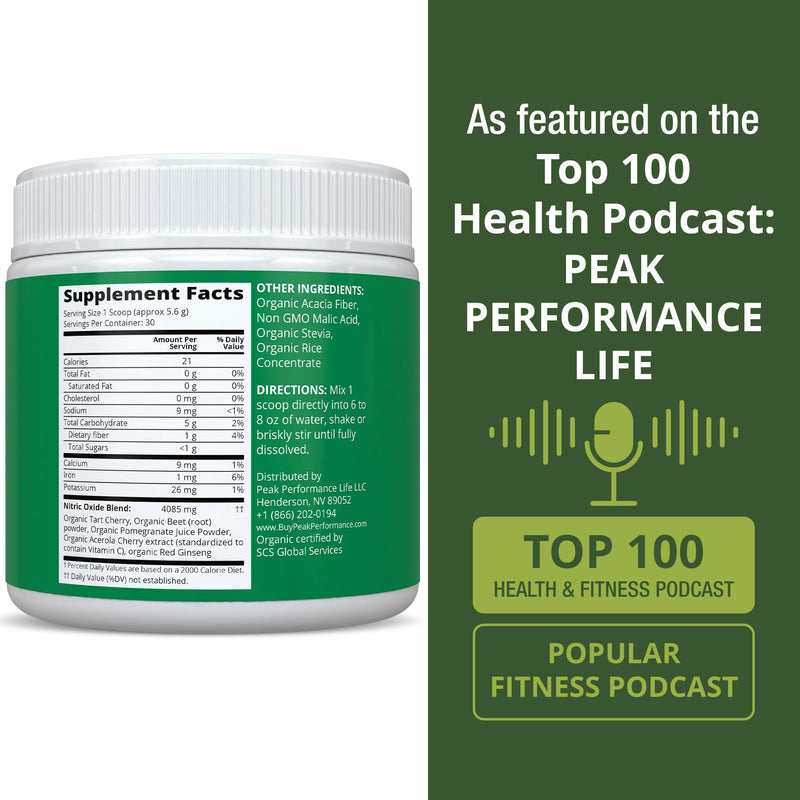 Peak Performance USDA Organic Plant Based Nitric Oxide Booster Powder | Supplement for Men & Women. Caffeine Free 5 Top Ingredients, Beet Root, Tart Cherry, Acerola Cherry, Pomegranate, Red Ginseng