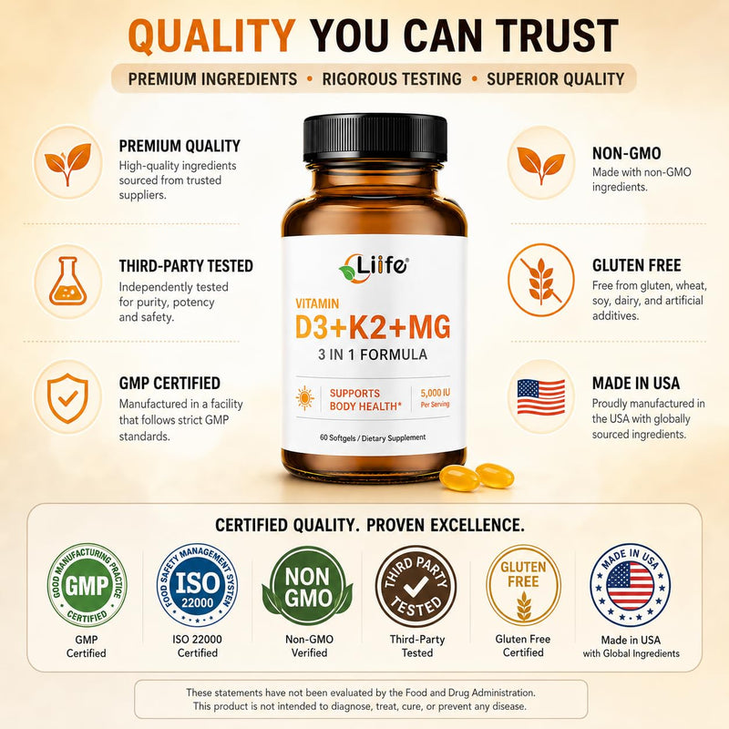 LIIFE D3 K2 with Magnesium Bisglycinate & B6, 5000 IU D3, MK7&MK4 K2 | Complex blend D3 K2, Magnesium Bisglycinate & B6 with coconut oil. High absorption, Non-GMO & Gluten-Free formula