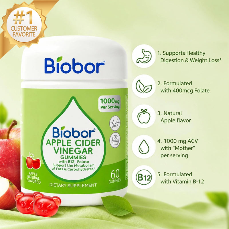 Biobor Apple Cider Vinegar Gummies 1000 mg with Vitamin B12, ACV Gummies for Women Support The Metabolism of Fats and Carbohydrates, Vegan, GMO Free, Gluten Free (60 Count) 60 Count (Pack of 1)